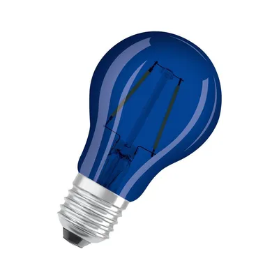 A blue LED light bulb with a silver screw base, isolated on a white background.