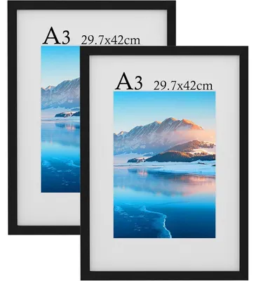 Obrázek produktu pro Sada dvou dřevěných rámečků formátu A3, barva černá, s plexisklem, určená k zavěšení na zeď, rozměry 29,7 x 42 cm