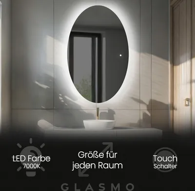 Produktbild von Spiegel mit Beleuchtung 50x70 cm Violet - Vertikal Oval Badezimmerspiegel mit LED Beleuchtung - Kaltweiß 7000K - LED Badspiegel Lichtspiegel mit Touch Schalter