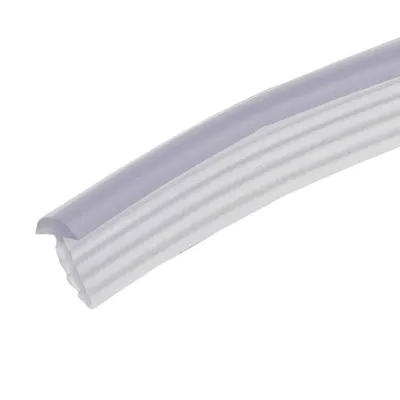 A close-up, angled view of a transparent and white plastic sealing strip.