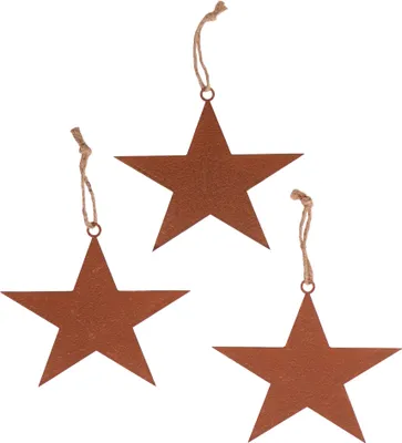 Three star-shaped ornaments with twine hangers, arranged diagonally against a white background.