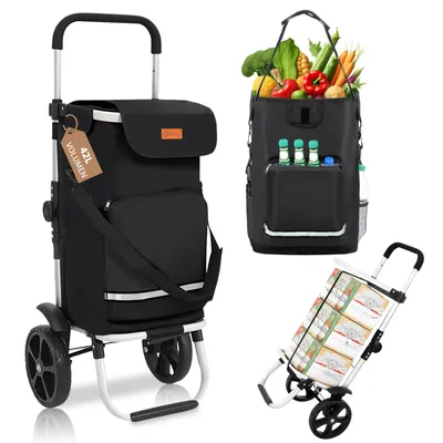 Produktbild von Sekey 3in1 Einkaufstrolley Klappbar Einkaufswagen mit Kühlfach, Spanngurt und höhenverstellbarem Griff, Schwarz