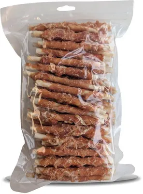Image de LutoPets, barres à mâcher au poulet, 12 cm, 1 kg. Friandise à mâcher à base de peau de buffle et de poulet, idéale pour les chiens ayant des dents fortes