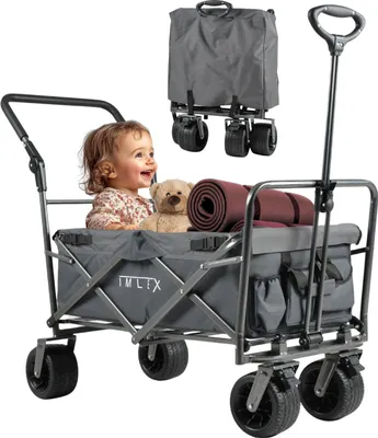 Produktbild von Grauer Bollerwagen klappbar, höhenverstellbarer Schiebegriff, Bremse, extra breite Räder, 80 kg, 120x50x110 cm
