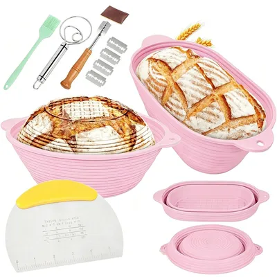 Produktbild von Silikon Brotgärkorb Set faltbar, platzsparend & stabil, rund & oval, für Sauerteig, ofenfest, spülmaschinengeeignet, mit Aufhängeöse