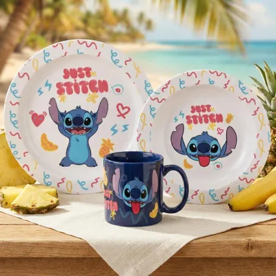 Produktbild von Disney Stitch Kinder Geschirr-Set 3 teilig Becher Teller Schüssel Frühstücksset