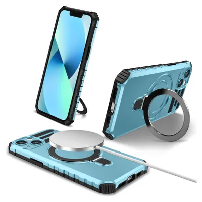 Obrázek produktu pro Pouzdro pro iPhone 13 magnetické s MagSafe, držák prstenu, stojánek, dvouvrstvé ochranné pouzdro Světle modrá