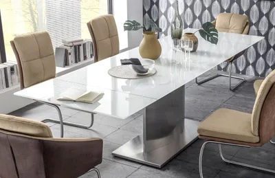 Produktbild von Rozkládací jídelní stůl 180 - 260 cm Super White sklo / nerezová ocel