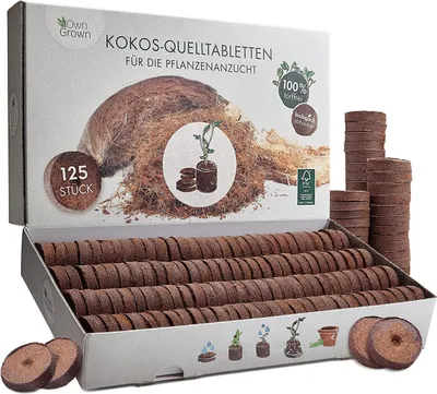Produktbild von Kokosfaser-Samenkompostpellets: 125 Kokosfaser-Stecker für Samen – torffreier Kompost für Setzlinge – Pflanzstarterpellets mit torffreiem Samenkompost – Kokosfaser-Pellets für Setzlinge von OwnGrown