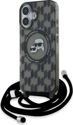 A black Karl Lagerfeld iPhone case with a monogram pattern and a crossbody strap is shown against a white background.