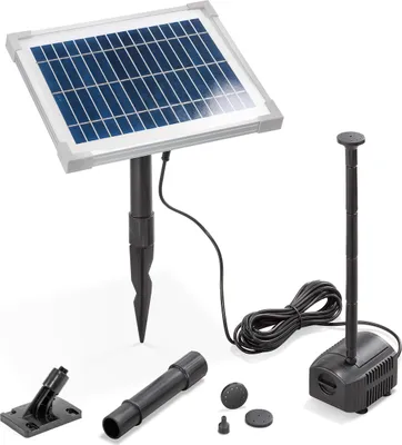 A solar-powered water pump kit is displayed against a white background.