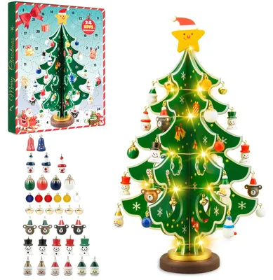 Adventskalender 2025 – Holz-Weihnachtsbaum mit 28 Ornamenten
