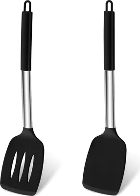 Produktbild von Pfannenwender, Silikon Kš¹chenhelfer Kš¹chenutensilien mit Edelstahlgriff, Hitzebest?ndig Geschlitzt Schwarz Pfannenwender Spatel Kochbesteck 2er Set zum Kochen Backen Wenden, Spš¹lmaschinenfest