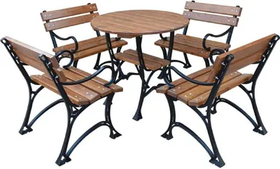 Produktbild von Casa Padrino Jugendstil Gartenmöbel Set Braun / Schwarz - 1 Gartentisch & 4 Gartenstühle mit Armlehnen - Gastronomie Garten Terrassen Möbel