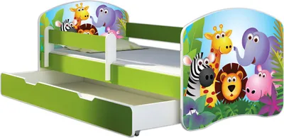 Image de ACMA lit d'adolescent lit d'enfant lit junior set complet avec matelas sommier à lattes et protection antichute vert 01 Zoo 140x70 + coffre de lit