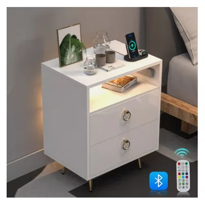 Zdjęcie produktu dla Szafka nocna stolik nocny z szufladami wysoki połysk biała LED RGB z USB złote uchwyty