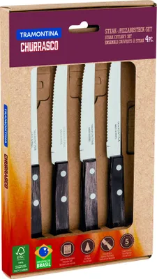 Immagine prodotto di Tramontina CHURRASCO Steak-/Pizzamesser, 4er Set., Steakmesser, Messer, Edelstahl / Holz, 92000-001