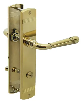 A brass door handle set with a keyhole.