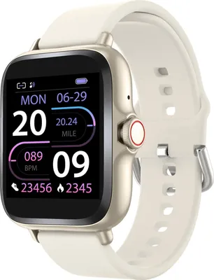 A close-up view of a smartwatch with a beige strap and a gold-colored casing.