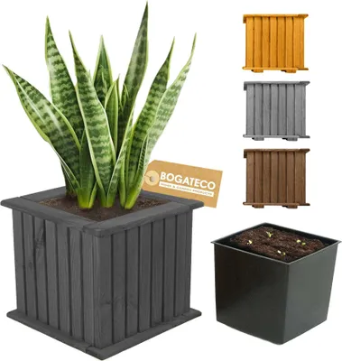 Obrázek produktu pro BOGATECO dřevěný truhlík na květiny | květináč | květináč 25 x 25 x 25 cm | květináč na bylinky pro domácí zahradu balkon terasu | květináč s plastovou vložkou | impregnovaný | černý