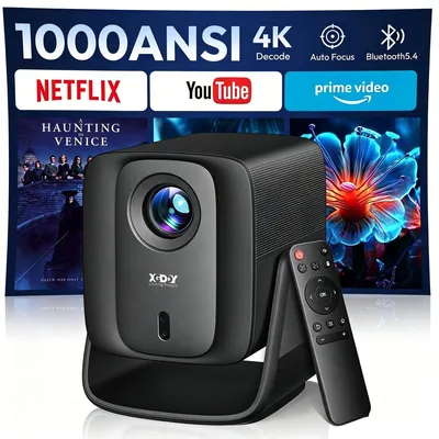 Produktbild von 4K Beamer Smart Projektor mit Android 14 WiFi Bluetooth Autofokus Heimkino HDMI USB 1000 ANSI Lumen 16 zu 9 tragbar für Wohnzimmer Garten und Camping Tisch