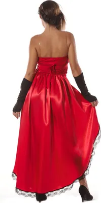 A woman wearing a red dress and black gloves, viewed from the back.