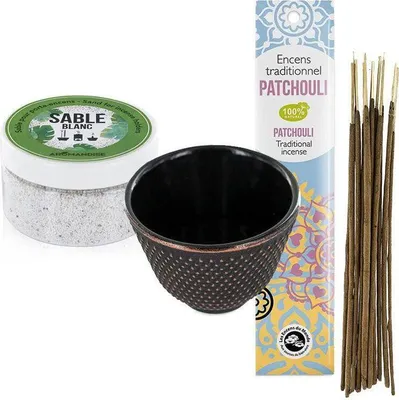 Produktbild von Schwarze Räucherstäbchenhalter-Tasse + weißer Sand + Indisches Räucherwerk Patschuli