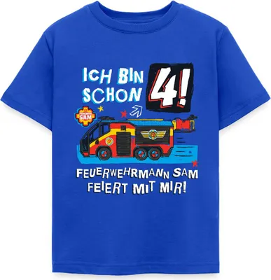 Produktbild von Spreadshirt Feuerwehrmann Sam Geburtstagsdesign 4 Jahre Kinder T-Shirt, 98/104 (3-4 Jahre), Royalblau