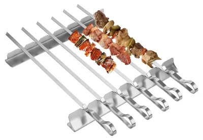 Zdjęcie produktu dla Elzusha - Zestaw szpilek do grillowania - 6 płaskich metalowych szpilek do grillowania, 42 cm, z uchwytami ze stali nierdzewnej