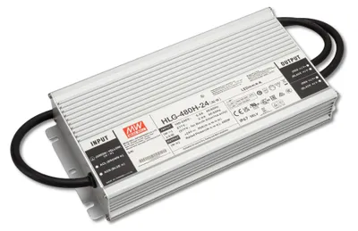 Produktbild von MEANWELL HLG-480H-24, AC-DC LED-Installationsnetzteil, Metallgehäuse, IP67 480W 24V 20A CV+CC