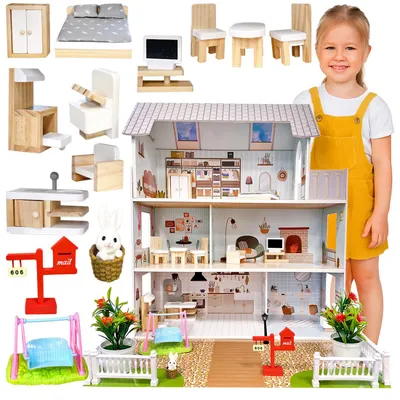 Produktbild von 4iQ Holzpuppenhaus ROZALIA 70x60x24 cm mit Garten und Zubehör, KI-generiertes Bild