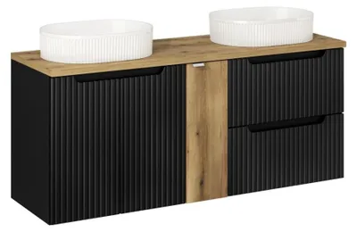 Productafbeelding van Ensemble VANO 140cm: onderkastmeubels met lades en kastnissen + twee geribbelde opzetwastafels