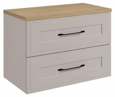 Produktbild von Badezimmerschrank hängend 80 mit Schubladen, Korpus in Kaschmir + Platte in Eiche hell, Griffe in Schwarz, 80 x 46 x 58,6 cm, KI-generiertes Bild