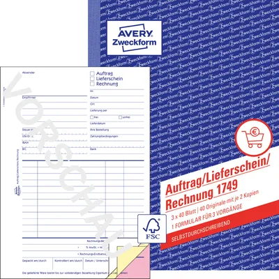 Produktbild von Avery Zweckform 1749, Auftrag/Lieferschein/Rechnung, A5, selbstdurchschreibend, 3x40 Blatt