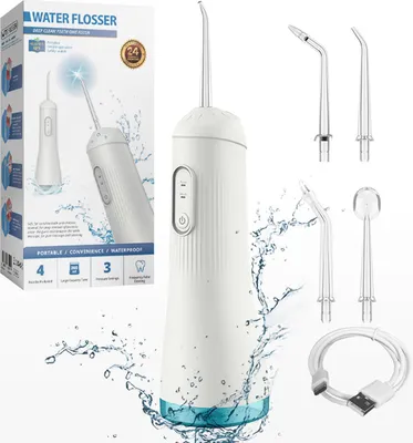 Produktbild von Kabellose Munddusche, tragbare, wasserdichte Munddusche mit IPX7-Schutz für die Zahnreinigung und Zahnspangenpflege, 4 Modi, 4 Düsen, 300 ml
