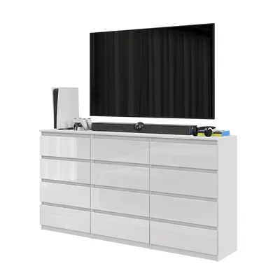 Immagine prodotto di Grande mobile TV / credenza GABRIEL con 12 cassetti – 180 cm – Bianco opaco / Bianco lucido – Moderna cassettiera per il soggiorno – Set