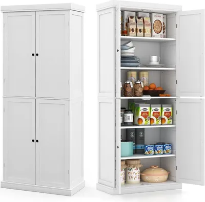 A white pantry cabinet with its doors open, revealing shelves stocked with various food items and kitchenware. The cabinet is shown from two angles: a full front view of the closed cabinet and a side view of the open cabinet.