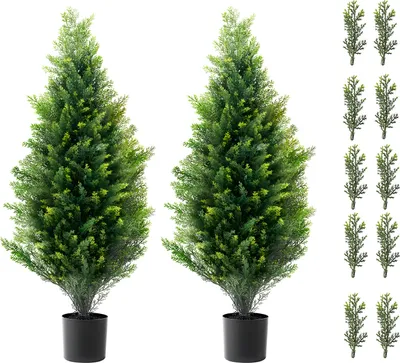 Zdjęcie produktu dla SucceBuy 91,4 cm sztuczne drzewo cedrowe Topiary 2 sztuki wiecznie zielone drzewo sosnowe cyprysowe z dodatkowymi liśćmi i doniczką sztuczny zielony zestaw