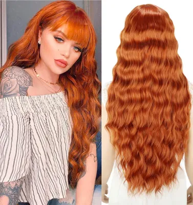 Produktbild von Damenperücke 71 cm, orange-rot, lang lockig mit Pony, für Cosplay
