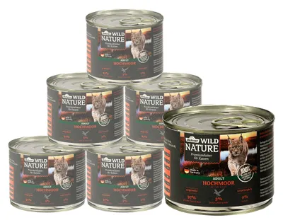 Produktbild von Dehner Wild Nature Katzenfutter Hochmoor, Nassfutter getreidefrei, für ausgewachsene Katzen, Ente / Pute, 6 x 200 g Dose (1.2 kg)