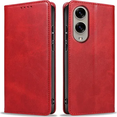 A red flip phone case is shown from two angles, open and closed.