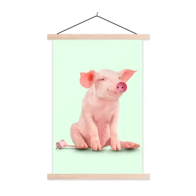Produktbild von MuchoWow® Textilposter Schwein - Rosa - Sockel - Tiere 60x90 cm mit holzfarbenen Rahmen - Textil