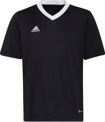 A black Adidas t-shirt with a white collar, shown flat.