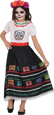 Produktbild von Tag Der Toten Catrina Kinder Halloween Kostüm Voller Farben Blütenzauber, Größe: 110/116 Farbe: Weiß / Schwarz