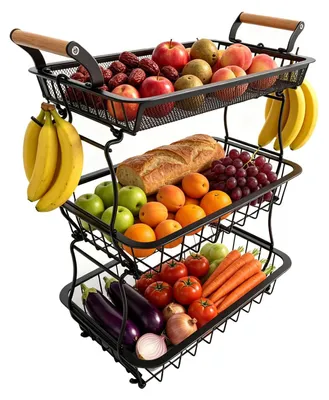 Produktbild von 3-stöckiger Obstkorb mit 2 Bananenhaltern - Schwarz