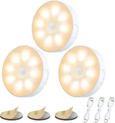 Produktbild von LED Nachtlicht mit Bewegungsmelder 3 Stück Auto EIN/AUS Nachtlicht 3 Modi warmweißes Licht USB Aufladbar Magnet Lampe