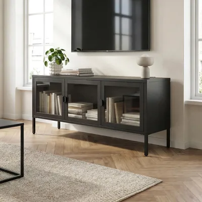 Produktbild von EZRA Industrieller TV-Ständer aus Metall, 130 cm, 3 Türen, Schwarz und gehärtetes Glas