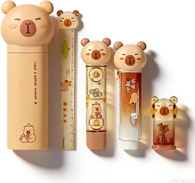 Productafbeelding van Schrijfwaren set met capibara-pootjes - Etui met potloden - Liniaal - Correctievloeistof - Plakband - Lijmstift