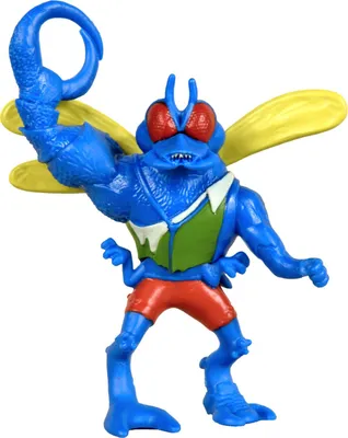 A blue action figure with red eyes, yellow wings, green vest, and red shorts, standing on a white background.
