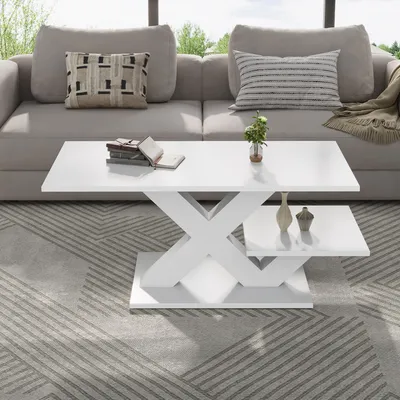 Obrázok produktu pre Konferenčný stolík, 100x48x45 cm, 100% MDF, biely, obdĺžnikový, s lesklou povrchovou úpravou, s dvojitou odkladacou plochou a X-tvarovou konštrukciou